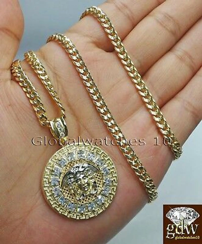 Pre-owned Globalwatches10 Real 10k Yellow Gold Head Charm Pendant 26" Cuban Chain Mens Women