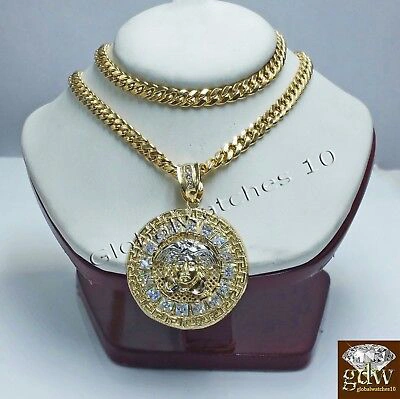 Pre-owned Globalwatches10 Real 10k Yellow Gold Head Charm Pendant 26" Cuban Chain Mens Women