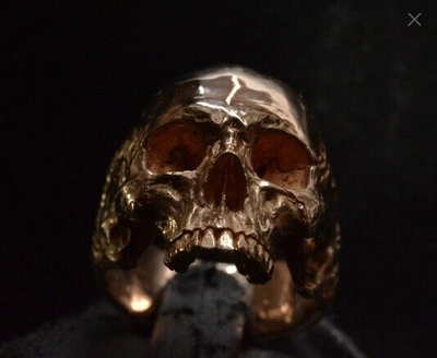 Pre-owned Into The Fire Jewelry 18 Kt. Rose Gold Yellow Skull Ring Mid Size Half Jaw Mens Biker Masonic In 18kt. Yellow Gold