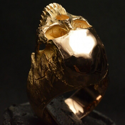 Pre-owned Into The Fire Jewelry 18 Kt. Rose Gold Yellow Skull Ring Mid Size Half Jaw Mens Biker Masonic In 18kt. Yellow Gold