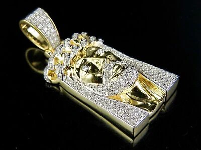Pre-owned Jewelry Unlimited Men's 10k Yellow Gold Genuine Diamond Jesus Cuban Link Crown Pendant 3/4ct 1.75" In H-i