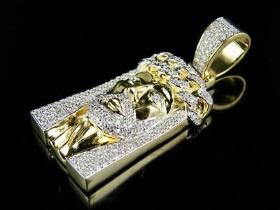 Pre-owned Jewelry Unlimited Men's 10k Yellow Gold Genuine Diamond Jesus Cuban Link Crown Pendant 3/4ct 1.75" In H-i