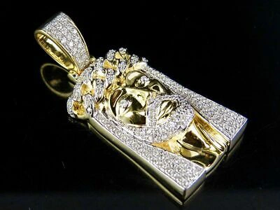 Pre-owned Jewelry Unlimited Men's 10k Yellow Gold Genuine Diamond Jesus Cuban Link Crown Pendant 3/4ct 1.75" In H-i