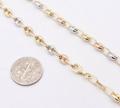 Pre-owned Bayam 5mm Puffed Mariner Link Chain Necklace Tricolor Real 14k Yellow White Rose Gold In 20"