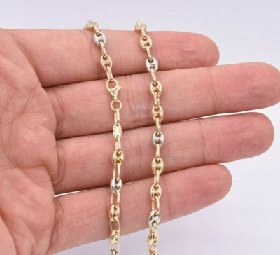 Pre-owned Bayam 5mm Puffed Mariner Link Chain Necklace Tricolor Real 14k Yellow White Rose Gold In 20"