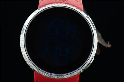 Pre-owned Gucci Mens Custom Full Case Digital Red I- Ya114212 Genuine Diamond Watch 2.50 Ct In White