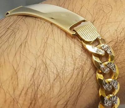 Pre-owned Handmade Gold Solid Mens Id Bracelet 14k Cuban Link Diamond Cut Him His 10mm 8.5” Inch In White