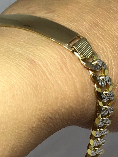 Pre-owned Handmade Gold Solid Mens Id Bracelet 14k Cuban Link Diamond Cut Him His 10mm 8.5” Inch In White