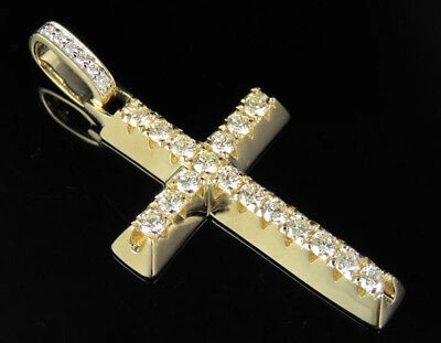 Pre-owned Jewelry Unlimited Men's 14k Yellow Gold Real Diamond 1 Row Cross Pendant Charm 2 Ct 2"