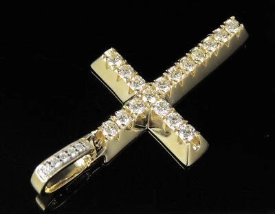 Pre-owned Jewelry Unlimited Men's 14k Yellow Gold Real Diamond 1 Row Cross Pendant Charm 2 Ct 2"