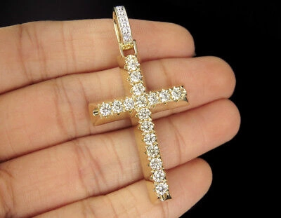 Pre-owned Jewelry Unlimited Men's 14k Yellow Gold Real Diamond 1 Row Cross Pendant Charm 2 Ct 2"
