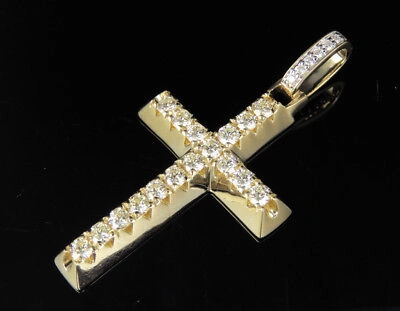 Pre-owned Jewelry Unlimited Men's 14k Yellow Gold Real Diamond 1 Row Cross Pendant Charm 2 Ct 2"