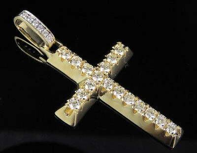 Pre-owned Jewelry Unlimited Men's 14k Yellow Gold Real Diamond 1 Row Cross Pendant Charm 2 Ct 2"