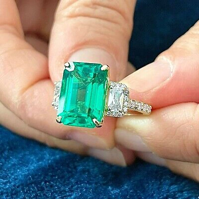 Pre-owned Emerald 14k Yellow Gold Natural Green  And Round And  Diamonds Ring 5.50ct