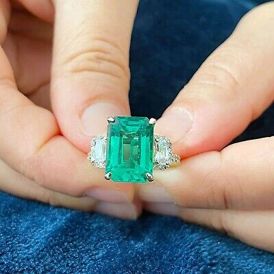 Pre-owned Emerald 14k Yellow Gold Natural Green  And Round And  Diamonds Ring 5.50ct