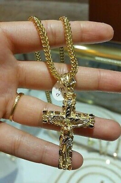 Pre-owned Globalwatches10 Real 10k Yellow Gold Mens Jesus Cross Charm/pendant With 22 Inch Franco Chain