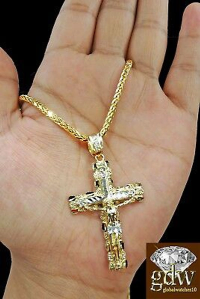 Pre-owned Globalwatches10 Real 10k Yellow Gold Mens Jesus Cross Charm/pendant With 22 Inch Franco Chain