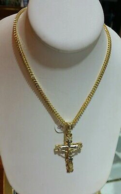 Pre-owned Globalwatches10 Real 10k Yellow Gold Mens Jesus Cross Charm/pendant With 22 Inch Franco Chain