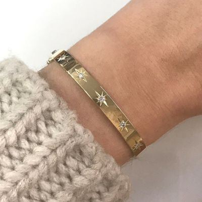 Pre-owned Jewelry By Arsa 0.8 Ctw Natural Diamond Solid 14k Yellow Gold 6 Mm Oval Starburst Bangle 6.5 In In G-h