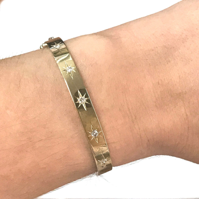 Pre-owned Jewelry By Arsa 0.8 Ctw Natural Diamond Solid 14k Yellow Gold 6 Mm Oval Starburst Bangle 6.5 In In G-h