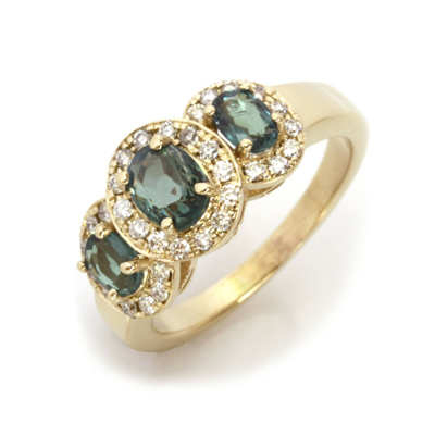 Pre-owned Jewelry By Arsa 2.2 Ctw Natural Alexandrite & Diamond Vs Solid 14k Yellow Gold 3 Stone Halo Ring In Green