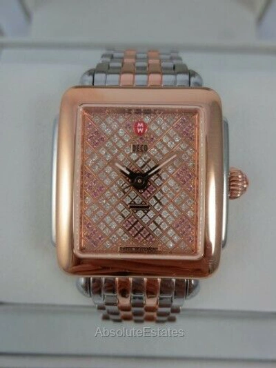 Pre-owned Michele Deco Mid Rose Gold Silver Limited Edition Topaz Watch Mww06v000081