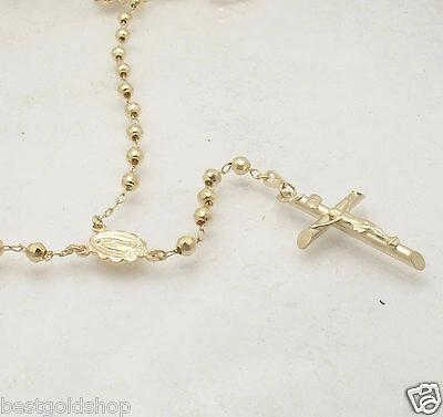 Pre-owned Bestgoldshop 4mm 26" Mens Diamond Cut Bead Ball Rosary Necklace Chain Real 14k Yellow Gold