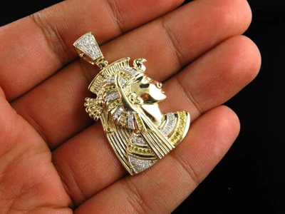 Pre-owned Jewelry Hiphop Mens 10k Yellow Gold Egyptian Queen Nefertiti Real Diamond Charm Pendant 0.75ct