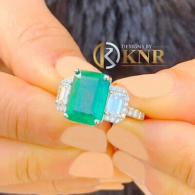 Pre-owned Emerald 14k White Gold Natural Green  And Round And  Diamonds Ring 5.50ct