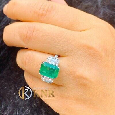 Pre-owned Emerald 14k White Gold Natural Green  And Round And  Diamonds Ring 5.50ct