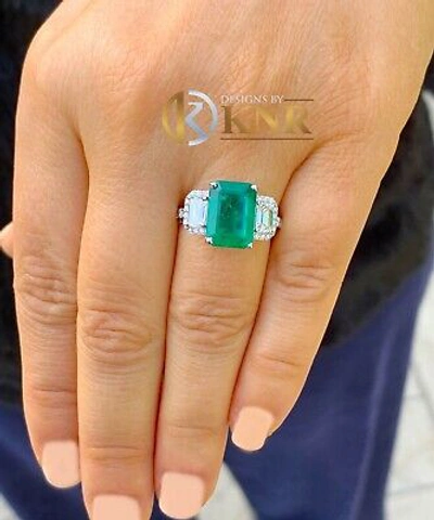 Pre-owned Emerald 14k White Gold Natural Green  And Round And  Diamonds Ring 5.50ct