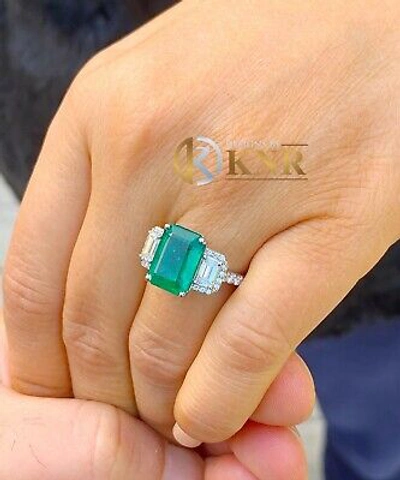 Pre-owned Emerald 14k White Gold Natural Green  And Round And  Diamonds Ring 5.50ct