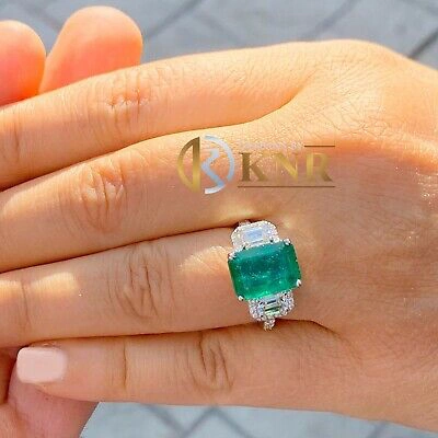 Pre-owned Emerald 14k White Gold Natural Green  And Round And  Diamonds Ring 5.50ct