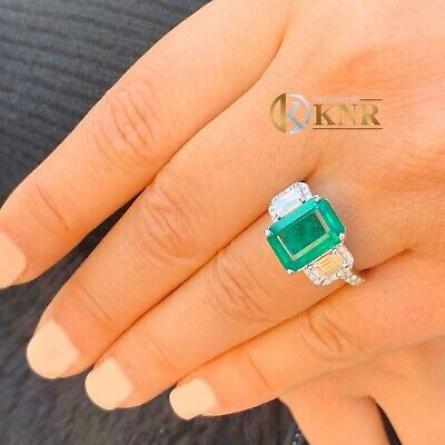 Pre-owned Emerald 14k White Gold Natural Green  And Round And  Diamonds Ring 5.50ct