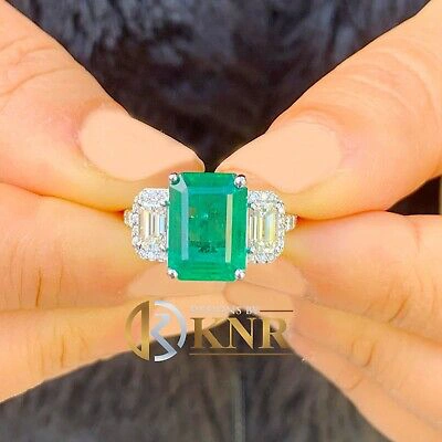 Pre-owned Emerald 14k White Gold Natural Green  And Round And  Diamonds Ring 5.50ct