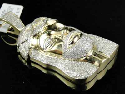Pre-owned Jewelry Unlimited Mens 10k Yellow Gold Real 2.5 Inch Diamond Jesus Face Piece Pendant Charm 3.65ct In H-i