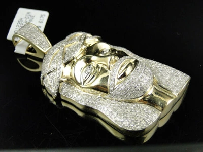Pre-owned Jewelry Unlimited Mens 10k Yellow Gold Real 2.5 Inch Diamond Jesus Face Piece Pendant Charm 3.65ct In H-i