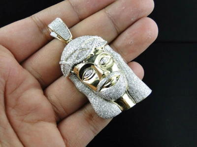 Pre-owned Jewelry Unlimited Mens 10k Yellow Gold Real 2.5 Inch Diamond Jesus Face Piece Pendant Charm 3.65ct In H-i