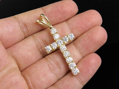 Pre-owned Jewelry Unlimited 14k Yellow Gold One Row Genuine Diamond Prong Set Cross Charm Pendant 2.0" 4.2ct