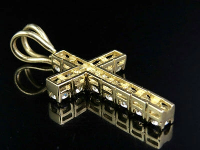 Pre-owned Jewelry Unlimited 14k Yellow Gold One Row Genuine Diamond Prong Set Cross Charm Pendant 2.0" 4.2ct