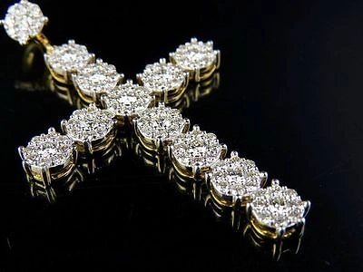 Pre-owned Jewelry Unlimited Men's 10k Yellow Gold Genuine Diamond Cluster Cross Pendant Charm 2 1/4 Ct 2"