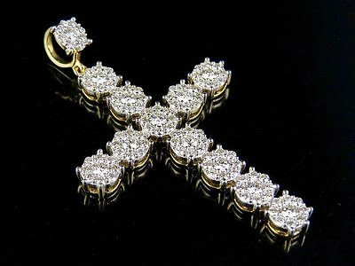 Pre-owned Jewelry Unlimited Men's 10k Yellow Gold Genuine Diamond Cluster Cross Pendant Charm 2 1/4 Ct 2"