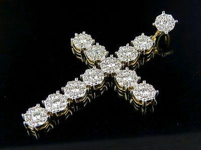 Pre-owned Jewelry Unlimited Men's 10k Yellow Gold Genuine Diamond Cluster Cross Pendant Charm 2 1/4 Ct 2"