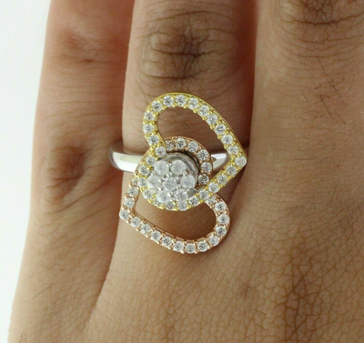 Pre-owned Halojeweler 14k Three Tone Gold 0.66 Ct Round Genuine Diamond Double Heart Motion Ring In White
