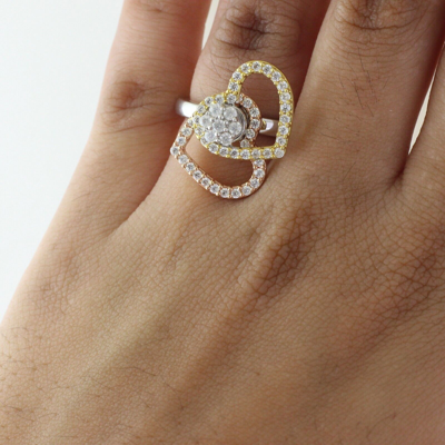 Pre-owned Halojeweler 14k Three Tone Gold 0.66 Ct Round Genuine Diamond Double Heart Motion Ring In White