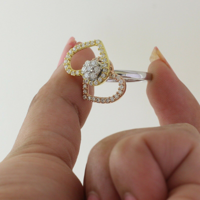 Pre-owned Halojeweler 14k Three Tone Gold 0.66 Ct Round Genuine Diamond Double Heart Motion Ring In White