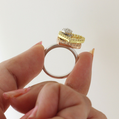 Pre-owned Halojeweler 14k Three Tone Gold 0.66 Ct Round Genuine Diamond Double Heart Motion Ring In White