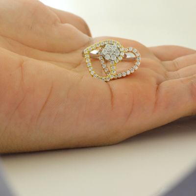 Pre-owned Halojeweler 14k Three Tone Gold 0.66 Ct Round Genuine Diamond Double Heart Motion Ring In White