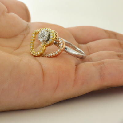 Pre-owned Halojeweler 14k Three Tone Gold 0.66 Ct Round Genuine Diamond Double Heart Motion Ring In White