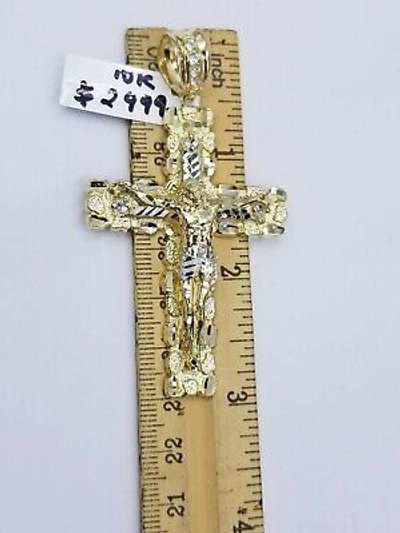 Pre-owned Globalwatches10 10k Gold Jesus Cross Charm 26" Iced Chain Bead Necklace Diamond Cut Nugget Real In Yellow